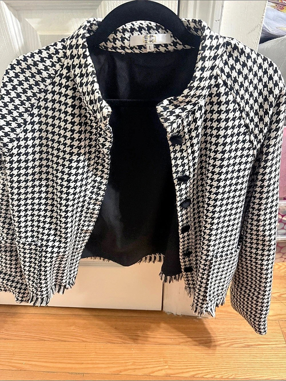 ER Houndstooth Fringe Blazer in Black & White Size Large